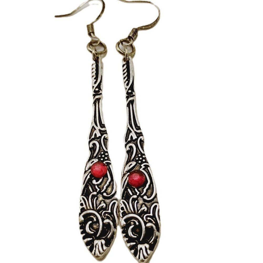 Vintage Style Ornate Silver-Tone Drop Earrings Red Stone Accents NWOT